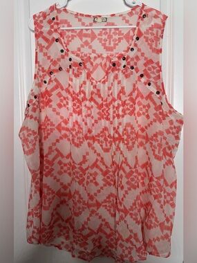 Eyeshadow Coral Geometric Sleeveless Chiffon Top lightweight size 3x 22/24